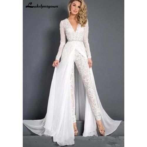 Lace Chiffon Wedding Dresses Jumpsuits With Overskirt Modest V Neck Long Sleeve Beaded Belt Beach Casual Jumpsuit Bridal Gowns