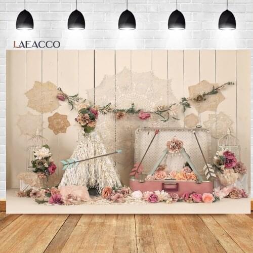 Laeacco Wooden Wall Brick Wall Birthday Scene Party Decor Backgrounds Flower Bow Arrow Baby Customized Photography Backdrops