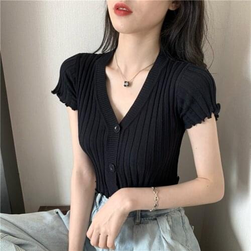 Summer Pure Color Single-Breasted Sweater Fitting Slim Stringy Selvedge Knitwear Short Sleeve Womans Tops