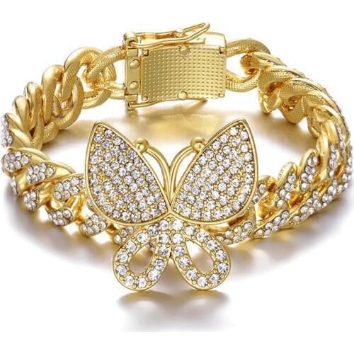 Hip Hop Men Gold Color Micro-inlaid Zircon Butterfly Cuban 13mm Bracelet Crystal Miami Ice Out Cuban Hip Hop For Men