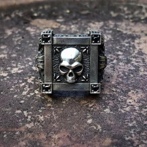 Onlysda Gothic Stainless Steel Seal Skull Ring Vintage Black Cz Crystal Signet Rings Mens Punk Biker Jewelry OSR292