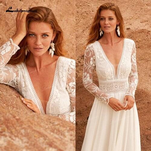 Simple Chiffon A Line Wedding Dress 2021 V Neck Long Sleeve Bohemian Beach Bridal Dress Elegant Robe de mariee Custom Made