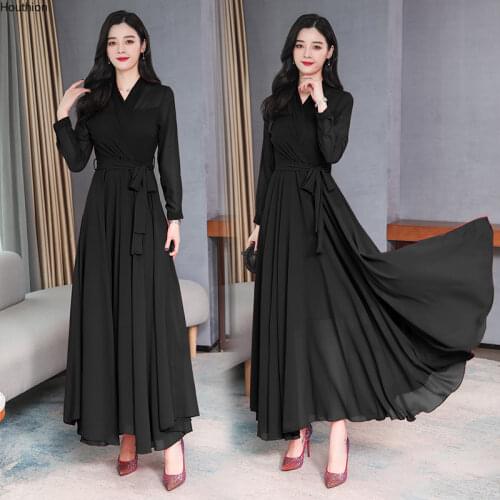 Houthion Womens Dresses Solid Long Dress Loose Plus Size Bohemia New Draw Back Casual Fashion A-LINE Mid-Calf Chiffon
