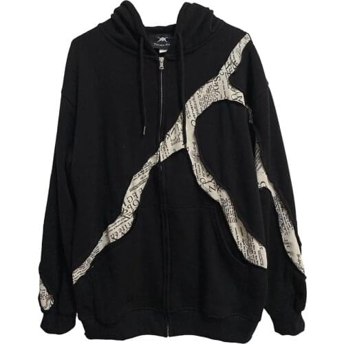 Tearing destruction Letter Print irregular Stitching Streetwear Punk Jacket Hip Hop Oversize Long-Sleeve Zip Hooded Sweatshirt