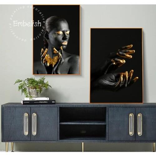 Embelish Sexy Black African Women With Golden Lips Wall Art Pictures For Living Room HD Canvas Painting Nude Home Deccor Posters