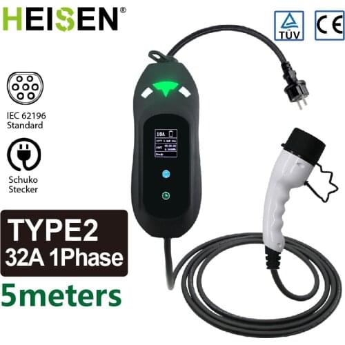 HEISEN Type 2 EV Charger Level 32 Amp Portable Electric Vehicle CEE Plug 220V-240V EVSE Car Charging Cable, IEC 62196-2 5M