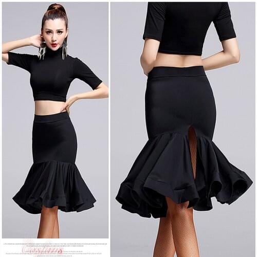 Women Black Latin Dance Skirt Adult Latin Ballroom Salsa Tango Rumba Cha Cha Mermaid Skirt Latin Dance Wear free shipping