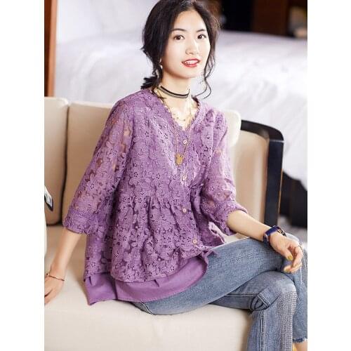 False Two Piece Purple Lace Plus Size Oversize Korean Fashion Spring Autumn WomenS Clothing Vintage Shirts Blouses Top New 2021