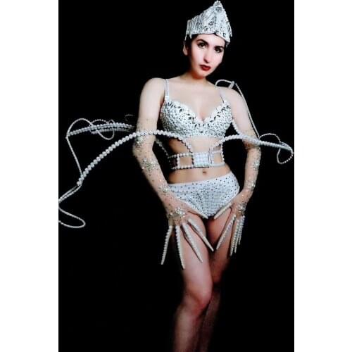 Women New Singer Parties Lavish Shiny Rhinestone Bikini Bra Sexy Set Stage Costumes Indian Jewelry Dj Ds Dance Costume Set