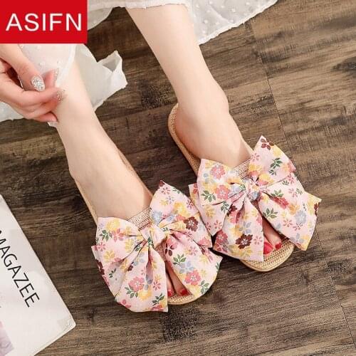 ASIFN Cute Flowers Womens Slippers Casual Floral Big Bow Linen Ultra-light Indoor Sandals Women Soft Slippers Japanese Style