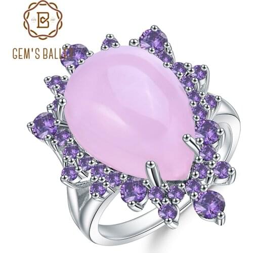 GEMS BALLET Natural Pink Calcedony Gemstone Ring 925 Sterling Silver Vintage Halo Cocktail Rings for Women Fine Jewelry