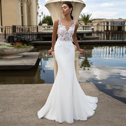 Sexy Beach Mermaid Wedding Dress 2021 High Quality O-neck Lace Appliques Sweep Train Chiffon Bridal Gowns