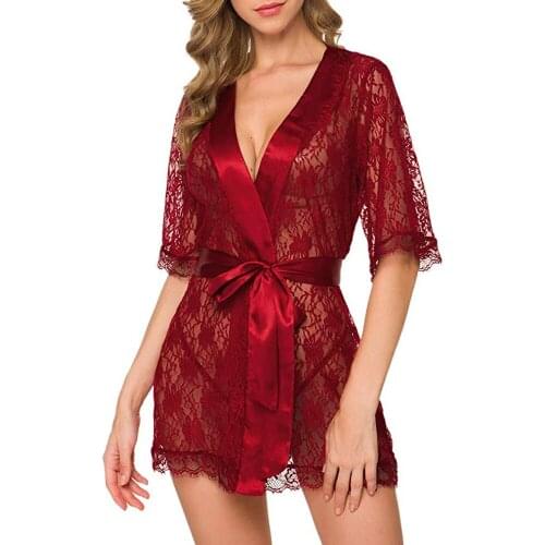 Women Sexy Lace Lingerie Nightgown Babydoll Solid Color Perspective Nightdress Half Sleeve Ladies Exotic Underwear Sleepwear