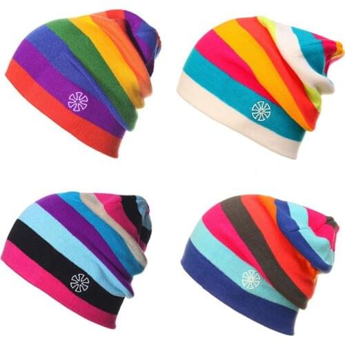 Women Men Winter Knitted Snow Ski Beanie Hat Rainbow Striped Baggy Slouchy Cap