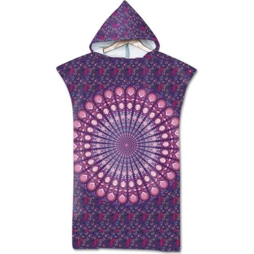 Free shipping Chic Ethnic Bohemian Mandala Circles Peacock Feathers Purple Large Adult Poncho Hooded Towel Swim Bath Beach Towel