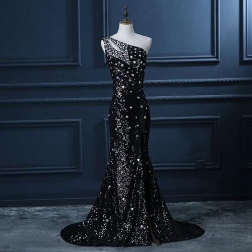 Black Sequin Prom dress Beaded Mermaid One shoulder Evening Party Dress Special Occasion Dresses Custom
