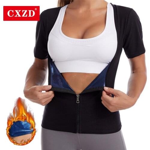 CXZD 2021 Hot Weight Loss Fat Burning Zip T-Shirts Workout for Women Shaper Sweat Sauna ion coating Short sleeve Control Tummy