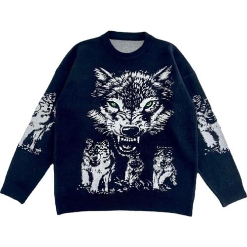 ERIDANUS New Vintage Korean Fashions Hip Hop Sweater Mens 2021 Wolf Head Winter Pullover Casual Harajuku Sweater Male MZM108