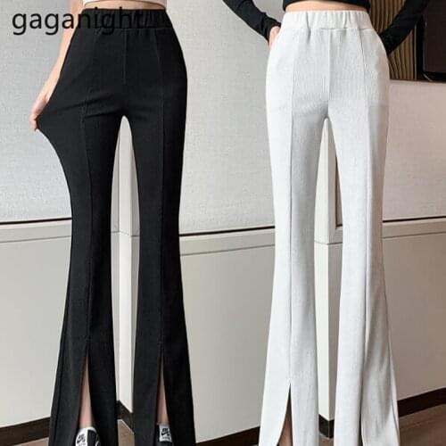 Gaganight Flare Pants Women Front Slit Slim Fit Flare Pants Black Solid High Waist SkinnyTrousers Elegant Office Ladies Pantalon