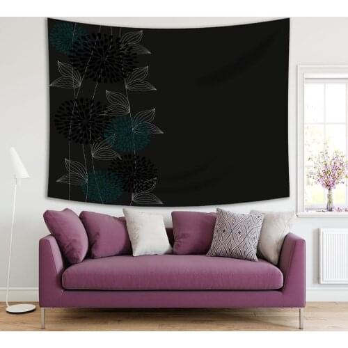 Tapestry Flowers Plants Branches Leaves in Summer Garden Vintage Floral Art on Dark Background Black Green White