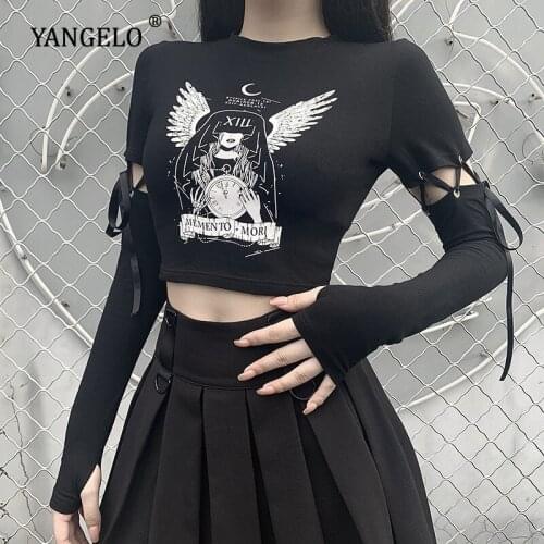 Gothic Black Crop Tops for Girls Cartoon Print Woman Tshirts Long Sleeve Patchwork Strap Sleeve Graphic T Shirts Y2k Tops