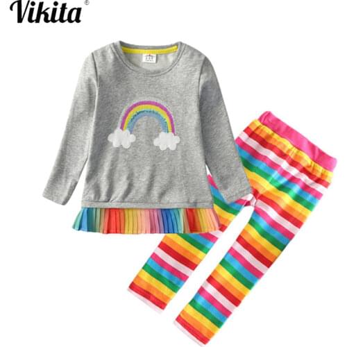 VIKITA Girls Cotton Clothing Sets Autumn Spring Toddlers Baby Girl Rainbow Unicorn Long Sleeve T shirt and Rainbow Trousers Sets
