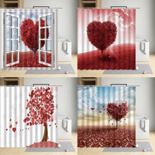 LoveTree Shower Curtain Printing Valentines Day Romantic Bathroom Decor Polyester Waterproof Washable Fabric Sets With Hooks