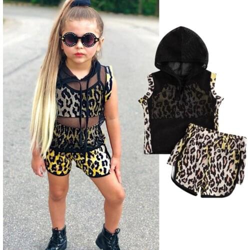 Fashion Girl’s Summer Summer Clothes Set Fashion Leopard Suspender Mesh Hoodie Vest Tops Short Pants Childrens Sets 3pcs