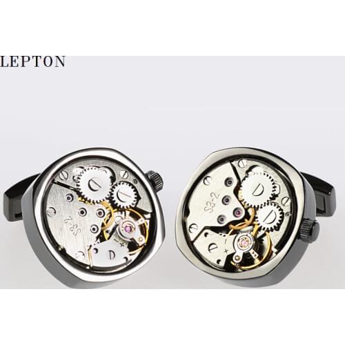 Hot Watch Movement Cufflinks of immovable Lepton Stainless Steel Can't Move Steampunk Gear Watch Mechanism Cufflinks for Mens