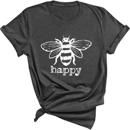 Novelty Shirt for Women Junior Teen Girls with Funny Saying Tee - BEE Happy - Short Sleeve Casual Loose Graphic Summer Tops