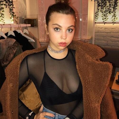 New European and American pure color sexy slim round collar net gauze perspective jumpsuit women