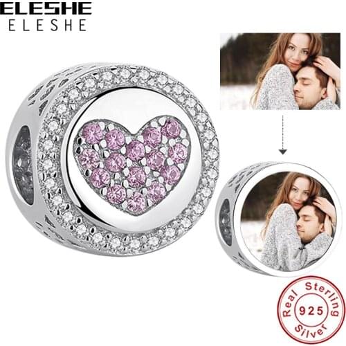 New Original ELESHE 100% 925 Sterling Sliver Pink Crystal Heart Bead Custom Photo Charm Fit Bracelet DIY Jewelry