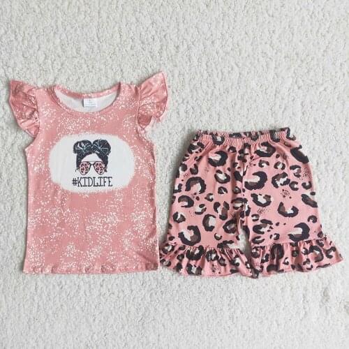 Wholesale Boutique Kids Summer Outfit Sweet Baby Girls Pink Color Top With Flutter Sleeve And Leopard Shorts Set