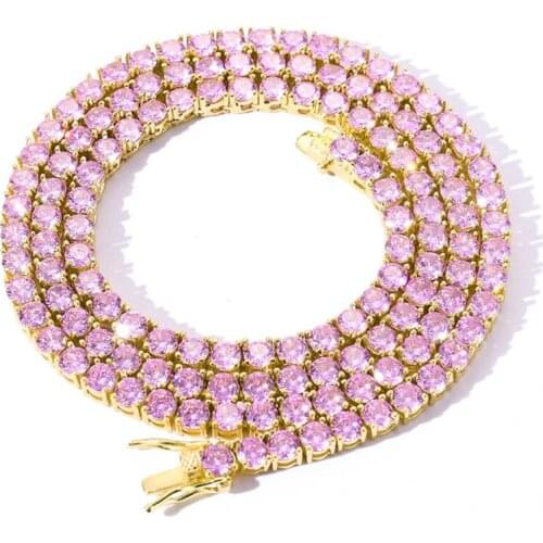 Hip Hop Rhinestone Necklace Pink AAA Cubic Zircon Tennis Chain Link for Men Women Couple Jewelry