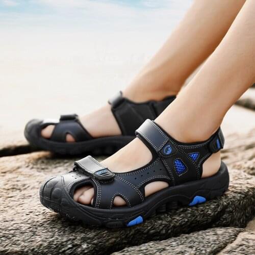 Summer Beach Shoes for Man Ankle-Wrap Walking Sandals Genuine Leather Men Shoes Black Beige Fashion Sandals Slippers Big Size