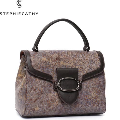 SC Women Vintage Design Leather Handbag Luxury Embossed Top-handle Bucket Female Retro Cowhide Flap Bag Crossbody Shoulder Purse