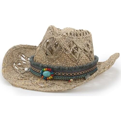 Summer hat big brim hollow sun protection straw hat natural raffia band jazz caps men outdoor beach western cowboy panama hats