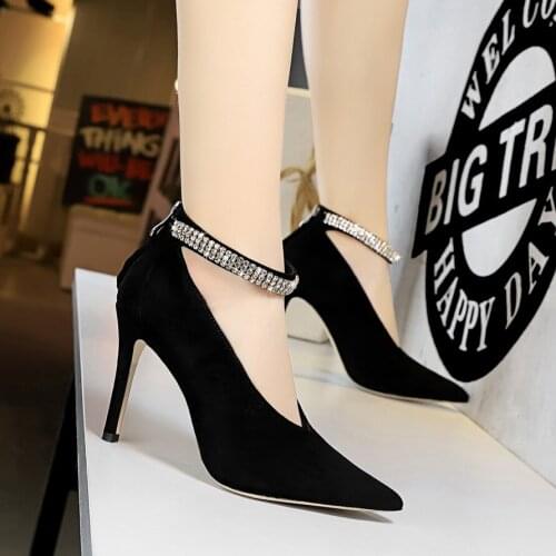 Women pumps Elegant pointed toe Thin high heels Shallow buckle strap Office ladies shoes Woman Suede shoes V Word mouth 6839-1