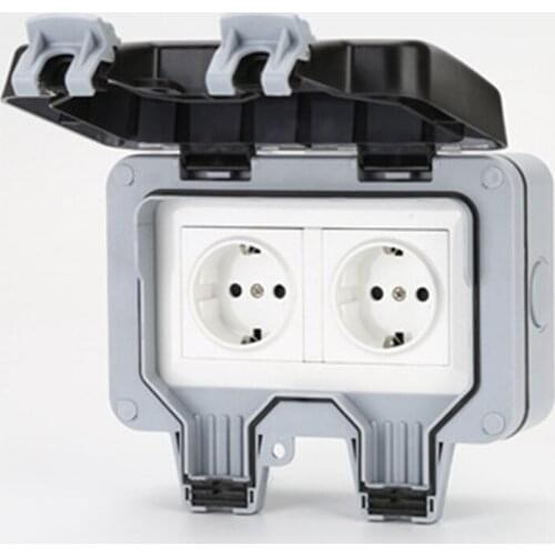 Outdoor Socket ABS Ip66 Waterproof Case EU Plug Wall Power Socket Box Double Charging Port For Garden Workshop Home