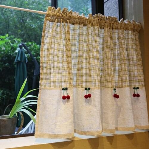 Curtain cotton hemp cherry printing curtain coffee shop office cabinet small short curtain home decoration