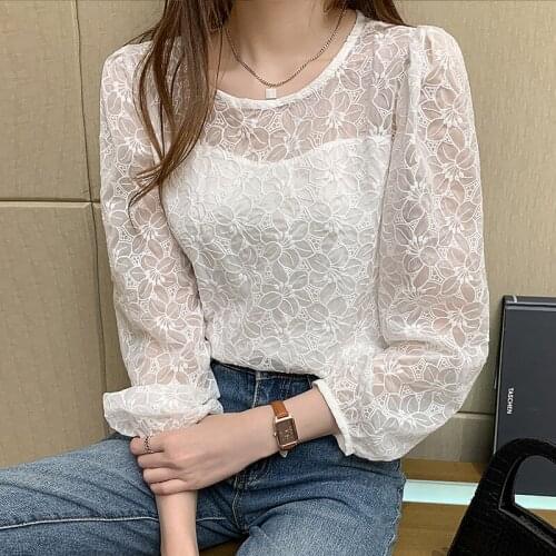 Chic White Flower Embroidery Women Blouse Shirt Korean Style O-neck Lantern Sleeves Female Top Ladies Casual Blusa