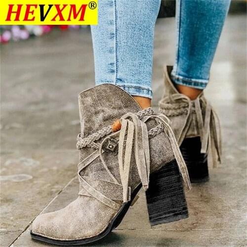 Women Ankle Boots 2020 Retro Chunky Heel Boots Autumn Winter Tassel Braided Ladies Casual Boots Pointed Toe Slip On Short Bootie