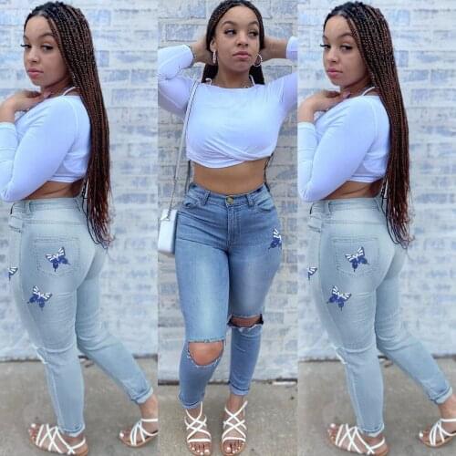 Women Jeans with Holes In The Knee 2021 Fashion Butterfly Print High Waist Ripped Jeans Female Casual Skinny Denim Pencil Pants