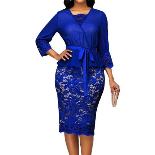 70% Womens Swimwear 2021 Hot Sell Elegant Women 3/4 Sleeve Lace Patchwork Belt Bodycon Knee-length Pencil Dress Beautiful