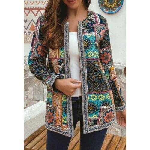5XL Plus Size 2021 Autumn New Women Long Sleeve O-Neck Cotton Linen Colorful Print Vintae Cardigans Casual Loose Jacket Coat