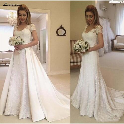 Elegant Short Sleeves Lace Wedding Dresses A Line Tulle Lace Applique Sheer Back Bridal Gowns with Detachable Overskirts