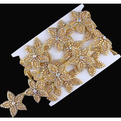 1Yard Sewing on Gold Star Shape Beaded Rhinestone Applique Trim Hot Fix Crystal Chain Trimming For Girl Wedding Dress Decoration