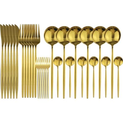 30pcs Gold Tableware Set 18/10 Stainless Steel Dinnerware Set Knife Fork Spoon Flatware Set Cake Salad Fork Kitchen Cutlery Set