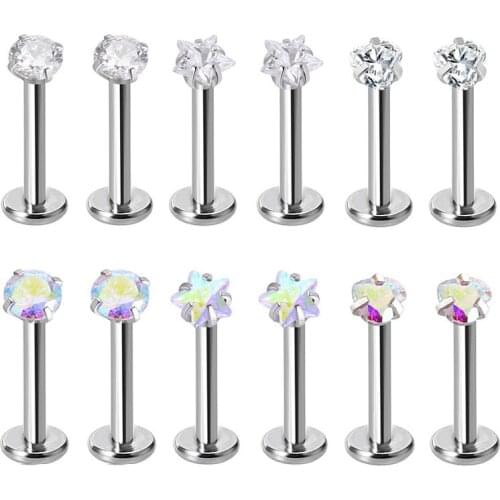 6PCS Surgical Steel Labret Lip Ring Tragus Nail Helix Ear Round Star Heart Cubic Zirconia Body Piercing Jewelry