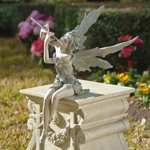 Flower Fairy Flute Art Sculpture Figurines Garden Decor Angel Resin Crafts Landscaping Home Ornament Outdoor Miniature Fountain